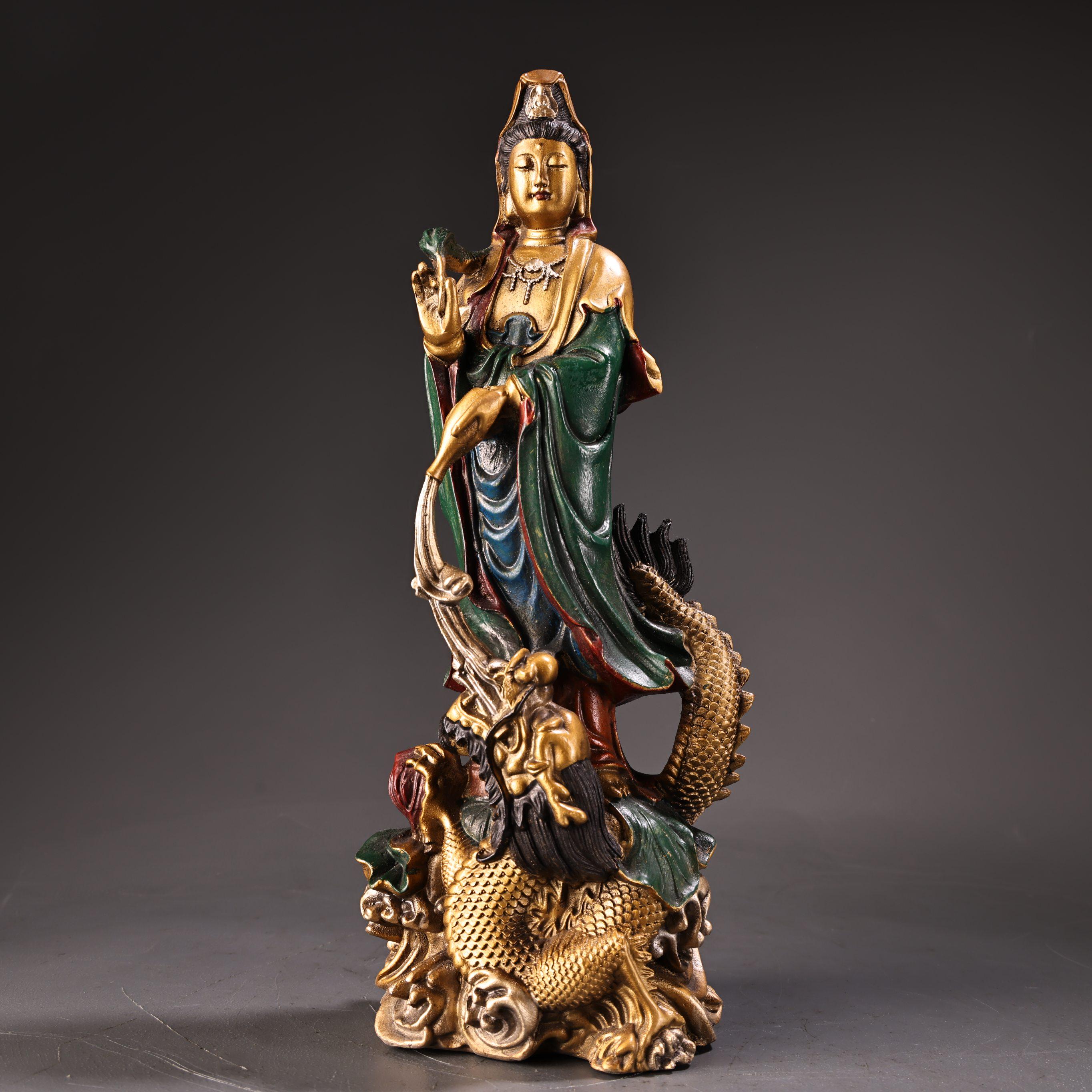 Chinese Antique Hand Carved Pure Copper Painted Dragon Guanyin