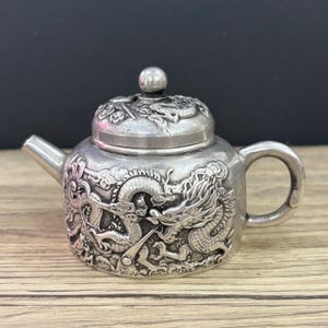 Chinese antique hand carved pure copper plated silver dragon and phoenix pattern statue small teapot ornament,unique shape