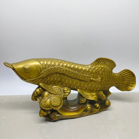 Petite Statue Poisson En Laiton - Figurine Déco Asiatique Pour Bureau Ou étagère