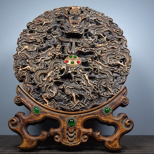 Chinese antique hand-carved rosewood inlaid gems hollow out dragon pattern screen ornament