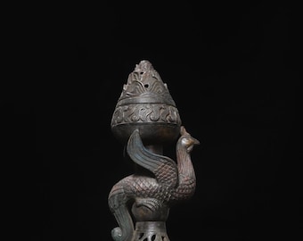 Adorno chino antiguo de cobre puro hecho a mano con forma de fénix Boshan para quemador de incienso, exquisito y único.