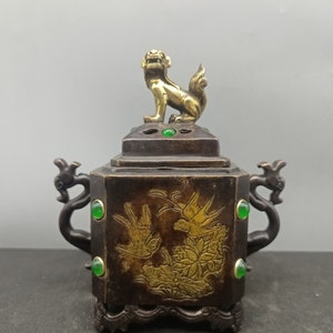 Chinese antique pure copper inlaid gems hand carved flower and bird pattern incense burner,exquisite and worth collecting