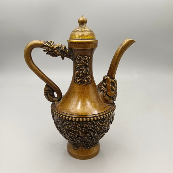 The ancient pure copper handmade carved dragon and phoenix pattern wine pot,exquisite and rare,can be collected and used