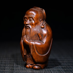 Chinese ancient Hand carving boxwood Confucius statue ornament exquisite,rare and collectable