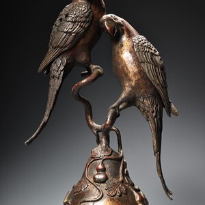 Chinese antique hand carved pure copper mud gold high relief gourd parrot lid incense burner ornament, exquisite and rare,home decoration