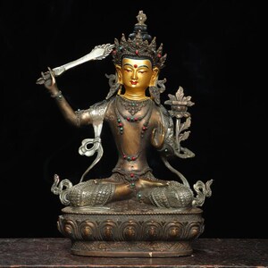 Chinese antique hand carved pure copper gilt inlaid gems painted Manjushri Bodhisattva Buddha statue ornaments,exquisite,collection