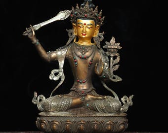 Chinese antieke handgesneden puur koper verguld ingelegde edelstenen geschilderd Manjushri Bodhisattva Boeddhabeeld ornamenten, prachtig, collectie