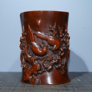 Porte-stylo à motif fleur de prunier pie sculpté à la main en buis naturel chinois, pot, exquis et rare, collection et utilisé