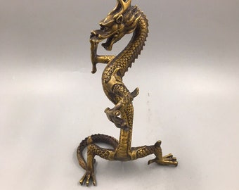 Estatua de dragón de cobre puro antigua china, patrones exquisitos tallados a mano, antigua, digna de colección