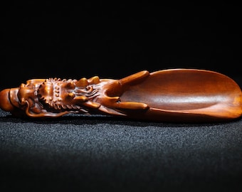 Collection of Chinese natural boxwood hand-carved dragon pattern tea spoon and tea shovel