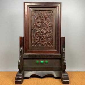 Chinese antique pure hand-carved sandalwood inlaid gems Jixiang dragon pattern screen home decoration,worth collecting