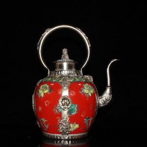 Early collection Tibetan silver exquisite dragon pattern inlaid porcelain wine pot teapot ornaments,unique shape