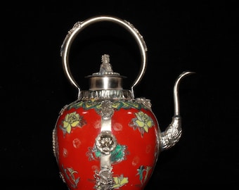 Tidig samling tibetansk silver utsökt drakemönster inläggningar av porslin vinkanna tekanna ornament, unik form