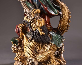 Chinese Antique Hand Carved Pure Copper Painted Dragon Guanyin