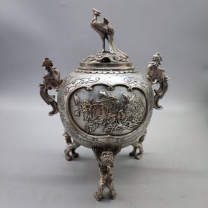 Chinesische antike handgemachte geschnitzte reines Kupfer Silber überzogene exquisite Phoenix Statue Weihrauch Brenner Ornament, exquisit und selten