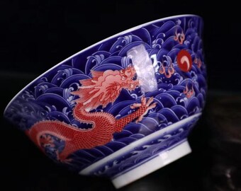 ヴィンテージ中国磁器手描き龍と鳳凰ライスボウル 10 個 新品同様