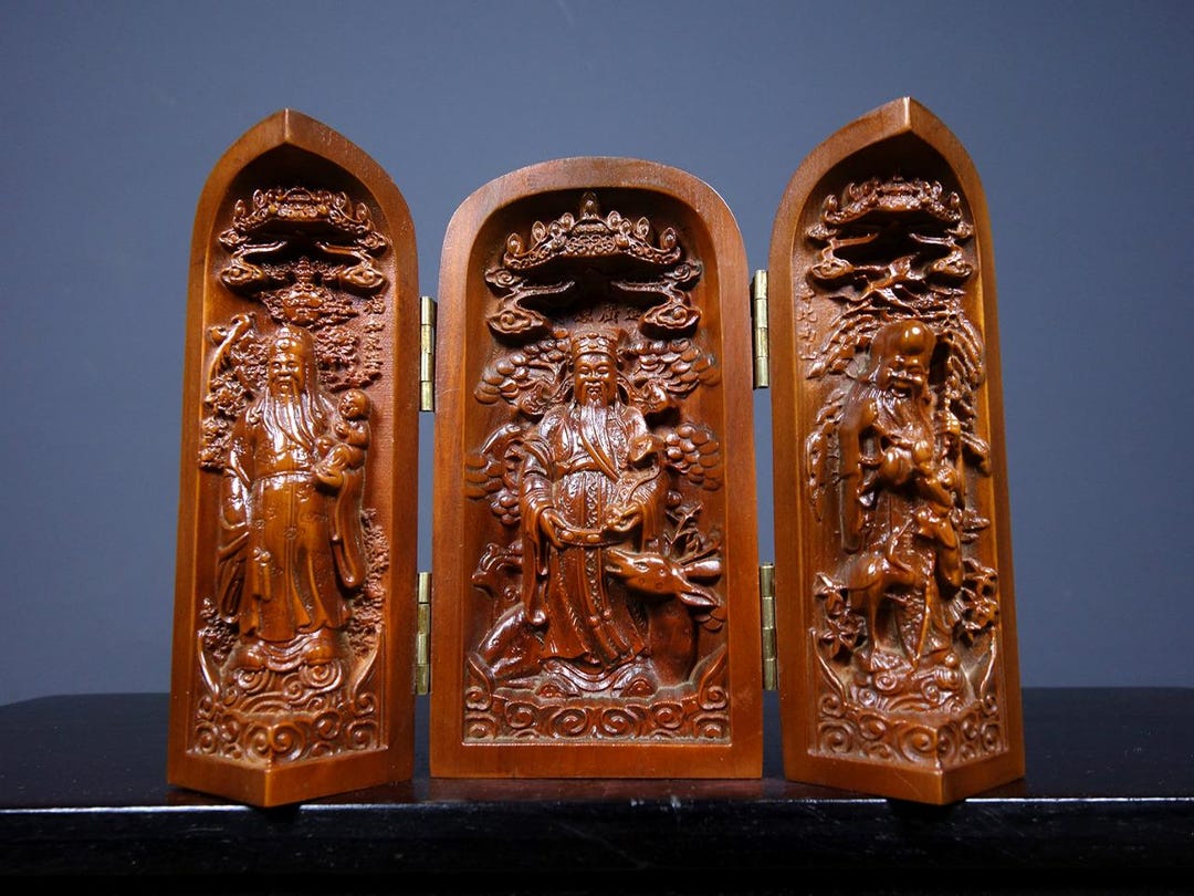 中国製、純粋な手彫りのツゲ材製、三開の福禄寿仏像装飾品、精巧な職人