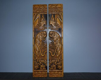 天然竹彫刻の手彫りの虎の像のペーパーウェイトのペアを収集し