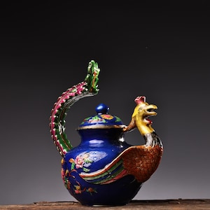 Chinese antique hand carved pure copper cloisonne phoenix statue teapot ornament,precious and unique