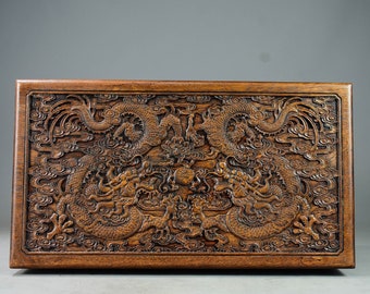 Chinese antique pure hand carved rosewood double dragons pattern treasure box ornament,exquisite and worth collecting