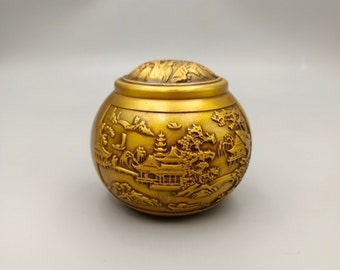 Scatola da tè cinese in ottone puro intagliato a mano con motivo paesaggistico, barattolo con coperchio, ornamento per portagioie, collezione e può essere utilizzato