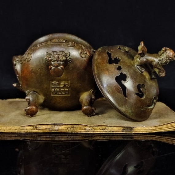 Vintage Rare Censer Lion Bird flower Brass height 9.5cm 古い香炉