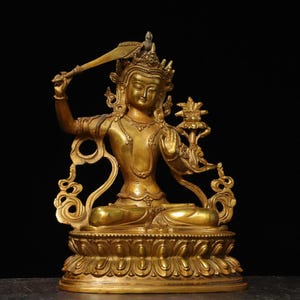 Chinese antique hand carved pure copper gilt Manjusri Bodhisattva buddha statue ornament,precious and exquisite