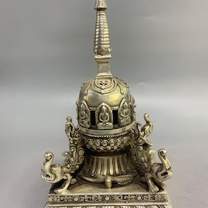 Chinese antique handmade carved pure copper Buddhist pagoda incense burner ornament, exquisite shape