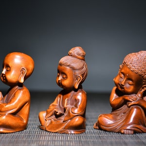 Chinese ancient natural boxwood three treasures buddha statue ornament, pure hand carved exquisite pattern,rare and precious