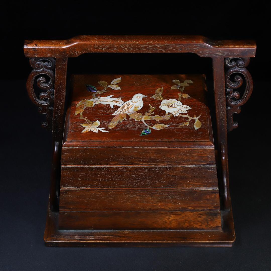 Chinese Shell Inlay Box Chinese Hand Carved Rosewood Inlaid Shell Flower and Bird Pattern Multi ...