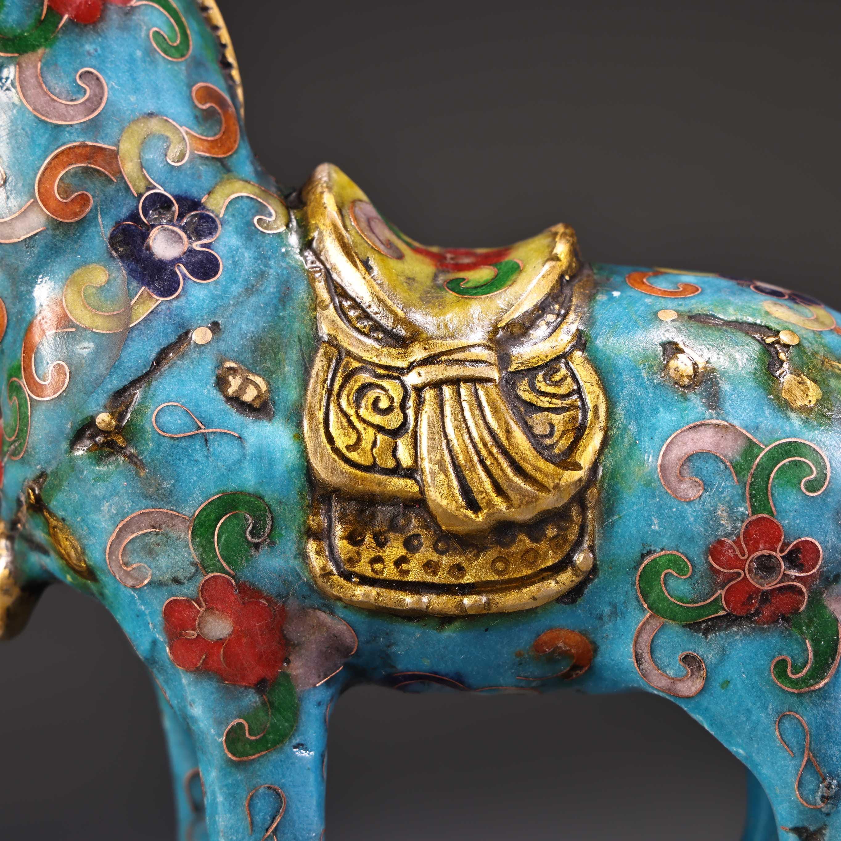 中国のアンティーク純銅七宝焼き高浮き彫り馬像、幸運の馬、成功の像