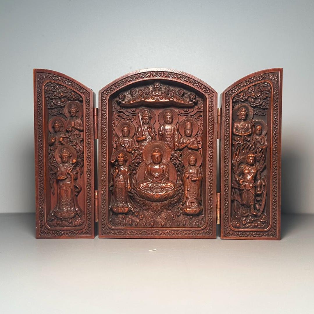 中国アンティークの純粋な手彫りのツゲの木の3つの開いた仏像の装飾