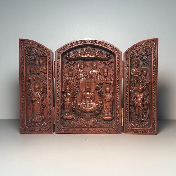 中国アンティークの純粋な手彫りのツゲの木の3つの開いた仏像の装飾