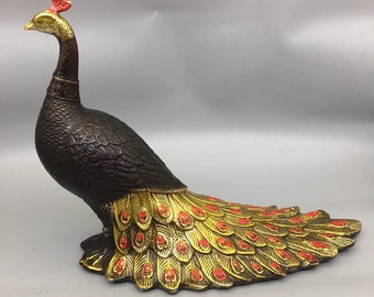 中国製の手彫り銅製金メッキ孔雀像装飾品、家具・卓上装飾品