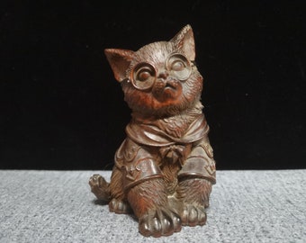 古銅の置物 Chinese Ancient Natural Boxwood Cute Cat Statue Ornaments,pure