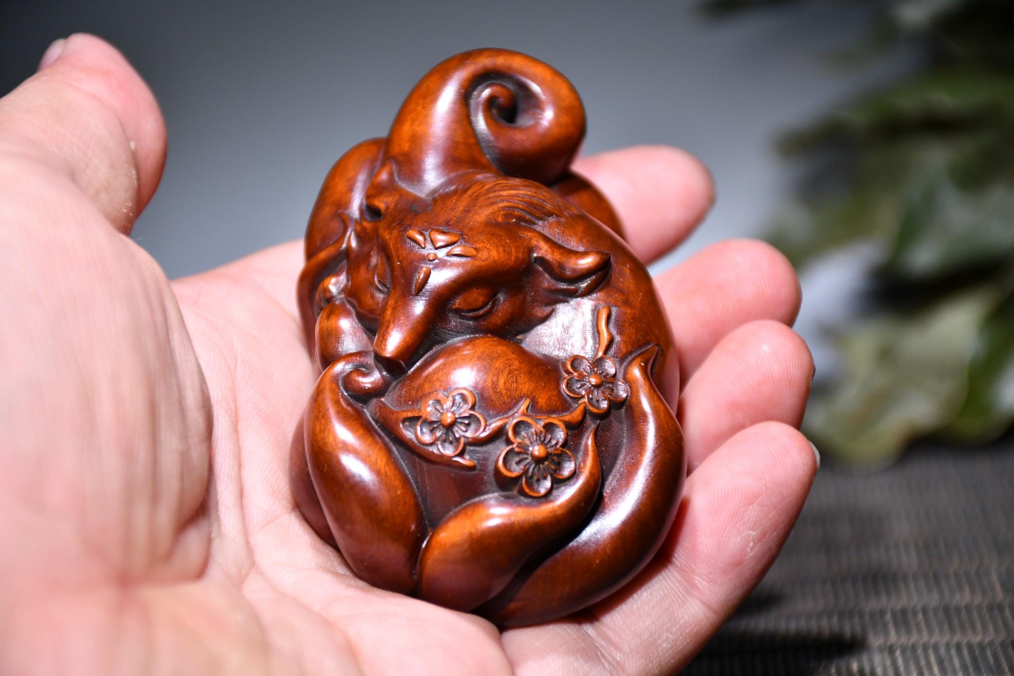 Chinese Pure Hand Carved Natural Boxwood Nine Tailed Fox Statue