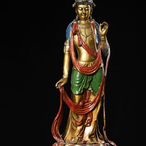 Chinese antique handmade carved pure copper painted Lotus base Guanyin Bodhisattva Buddha ornament,rare and exquisite,home decoration