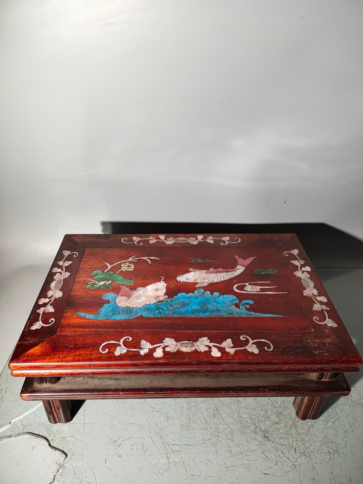 Chinese pure hand carved red sandalwood inlaid lotus fish pattern tea table kang table,precious and exquisite,worth collecting and used