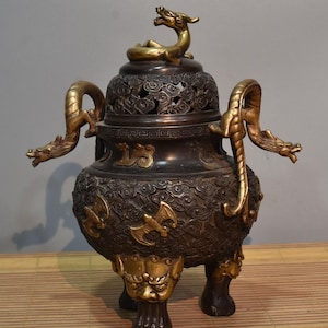 Chinesische antike handgemachte geschnitzte reine Kupfervergoldung Drachenstatue exquisite Muster Weihrauchbrenner Ornament, exquisit und selten