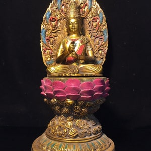 Chinese pure hand-carved pure copper painted Lotus Guanyin Bodhisattva Buddha ornaments,exquisite and worth collecting
