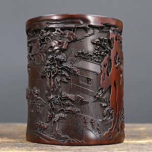 Chinese Antique Hand Carved rare Bamboo Carving character story pattern pen holder ornament