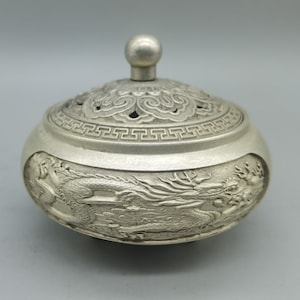 Chinese antique handmade pure copper gilt silver dragon and phoenix pattern incense burner ornament