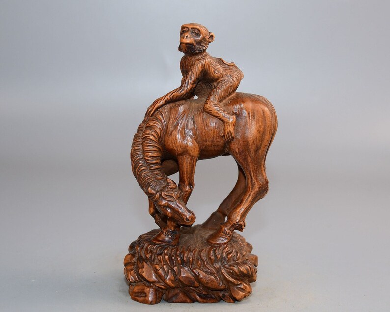 Rustic Monkeys China's Pure Hand-carved Boxwood Monkey Riding Horse Statue Ornaments ...