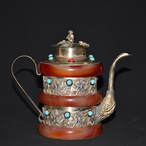 Théière chinoise en cuivre pur, sculpté à la main, argent et argent, motif dragon incrusté de pierres précieuses, ornements de pot de vin aux formes uniques