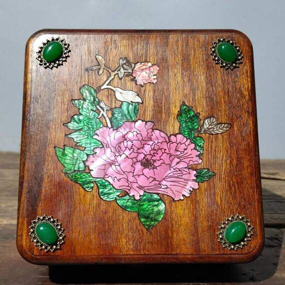 Chinese antique rosewood inlaid gemstones,hand-ca… - image 3