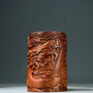 Chinese Antique Hand Carved rare Bamboo Carving Dragon pen holder ornament