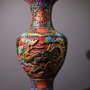 Chinese pure hand carved lacquerware painted dragon pattern vase ornaments,precious and unique