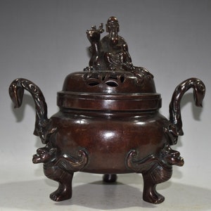 Ancient Chinese pure copper red copper hand carved Fu Lu Shou statue incense burner ornaments,unique shape