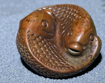 Antique Pure Copper Hand Carved two fish Statue,Tea Pet Statue,Home Decor,antique collection