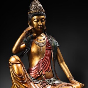 Chinese antique handmade carved pure copper gilt high relief painted Guanyin Bodhisattva statue ornament,exquisite and unique